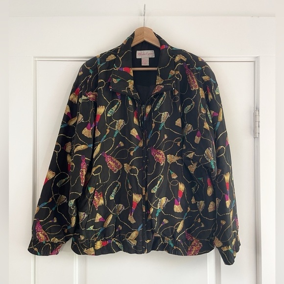Vintage Rhoda Lynn 100% Silk Tassel Print Bomber Jacket - L - Picture 1 of 3